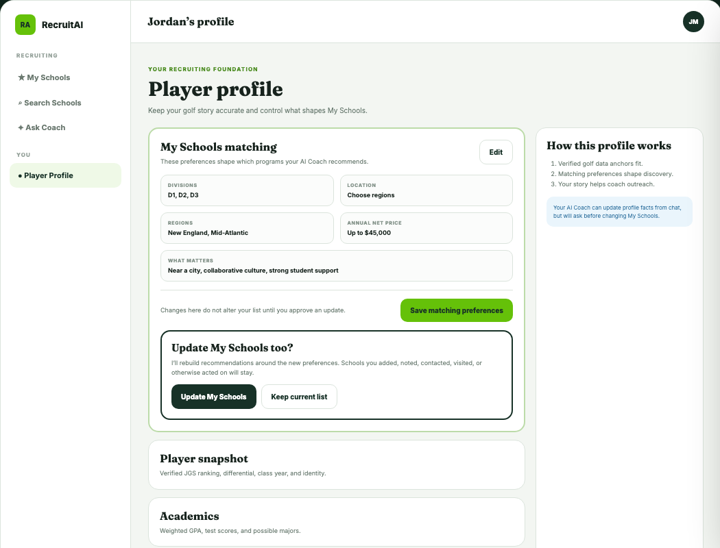 golfrecruit.ai player profile showing verified golf data and My Schools matching preferences